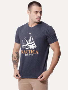 Camiseta Nautica Masculina Sailboat Logo Serif Azul Marinho Mescla
