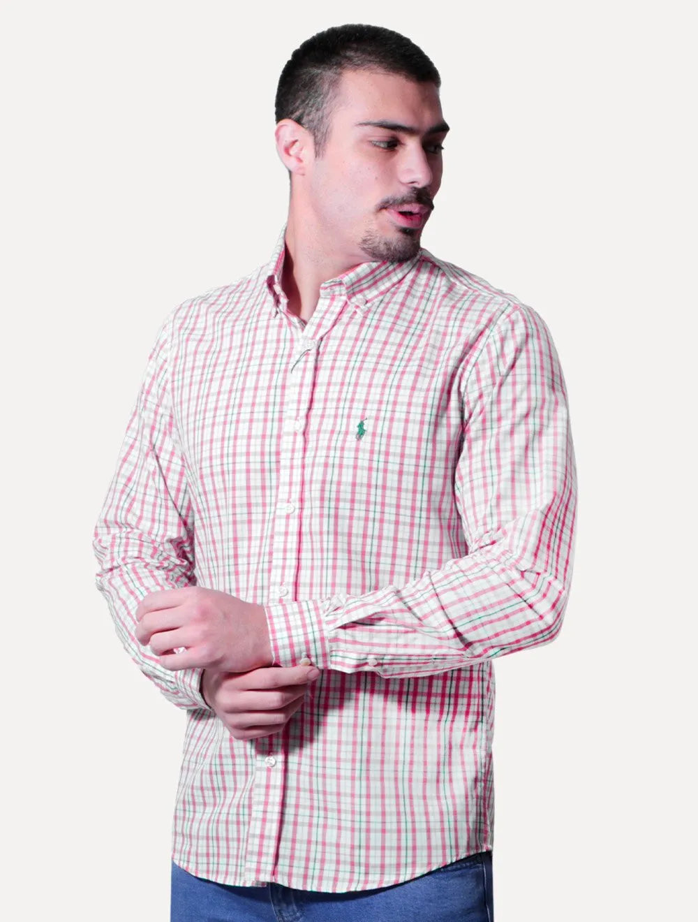 Camisa Ralph Lauren Masculina Custom Fit Atenas Xadrez Coral/Branca