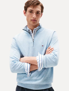 Suéter Tommy Hilfiger Masculino Essential Cotton Half Zip Mock Azul Claro