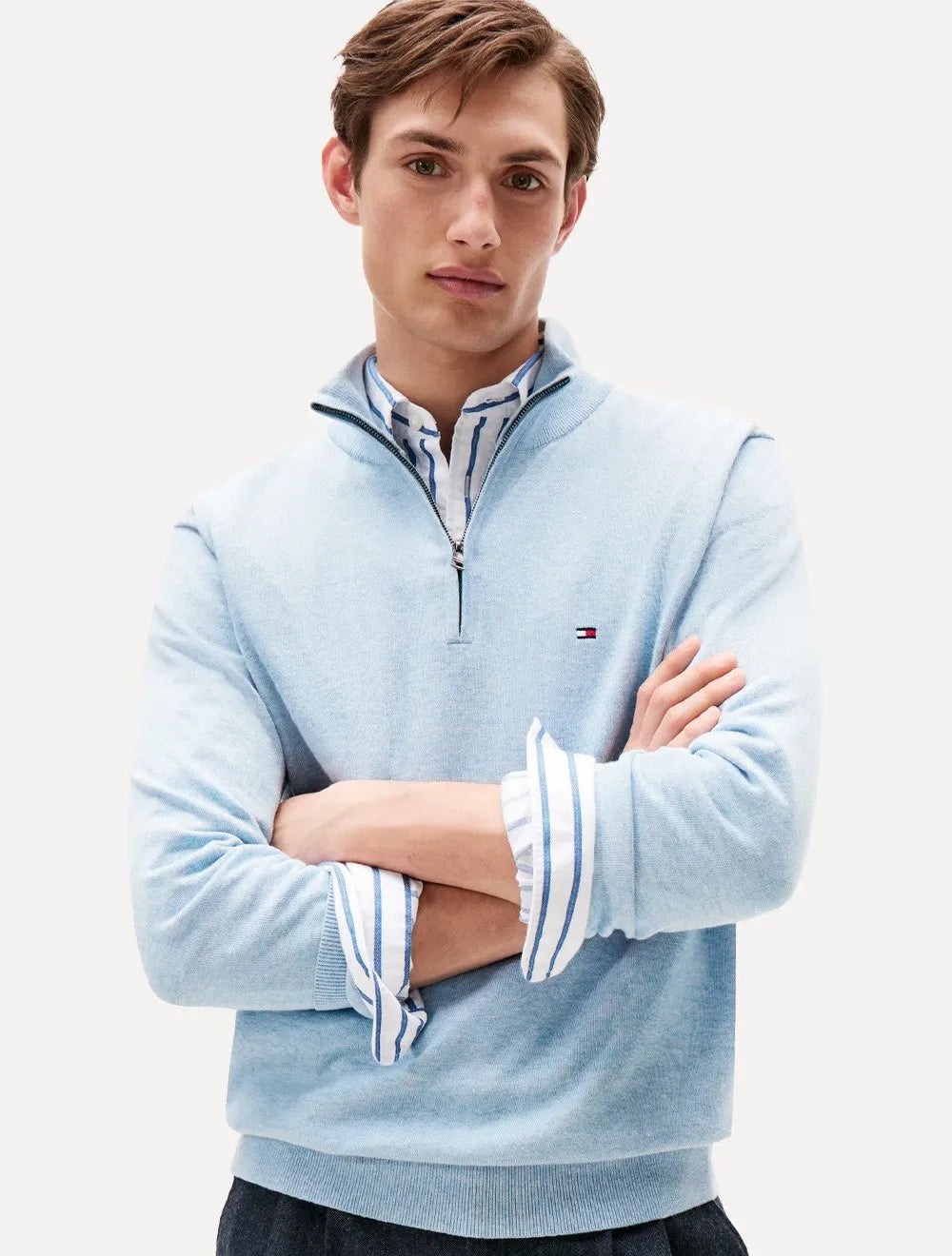 Suéter Tommy Hilfiger Masculino Essential Cotton Half Zip Mock Azul Claro