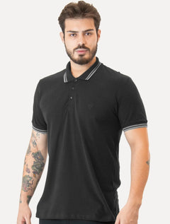 Polo Guess Masculina Piquet Outline Triangle Grey Frieze Preta