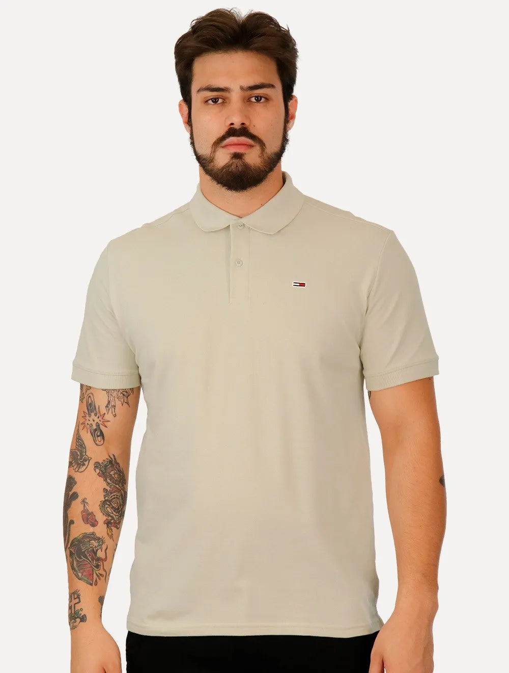 Polo Tommy Jeans Masculina Piquet Regular Placket Cáqui