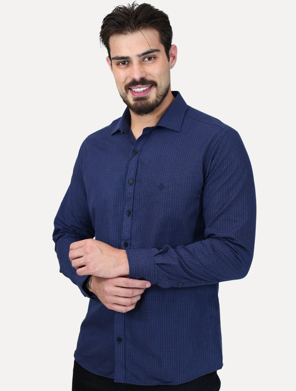 Camisa Dudalina Masculina Slim Superfine Cotton Xadrez Grid Azul Marinho
