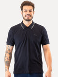 Polo Guess Masculina Piquet Friso Bordado Cursivo Azul Marinho