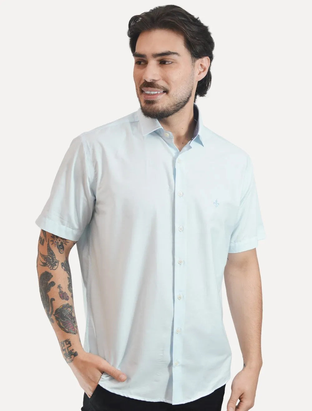 Camisa Dudalina Masculina Manga Curta Comfort Superfine Cotton Mono Logo Lisa Azul Claro