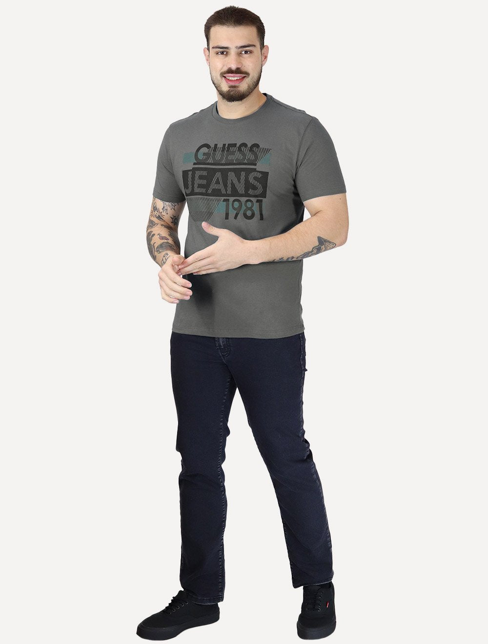 Camiseta Guess Masculina Silk Logo Scratchs Grafite