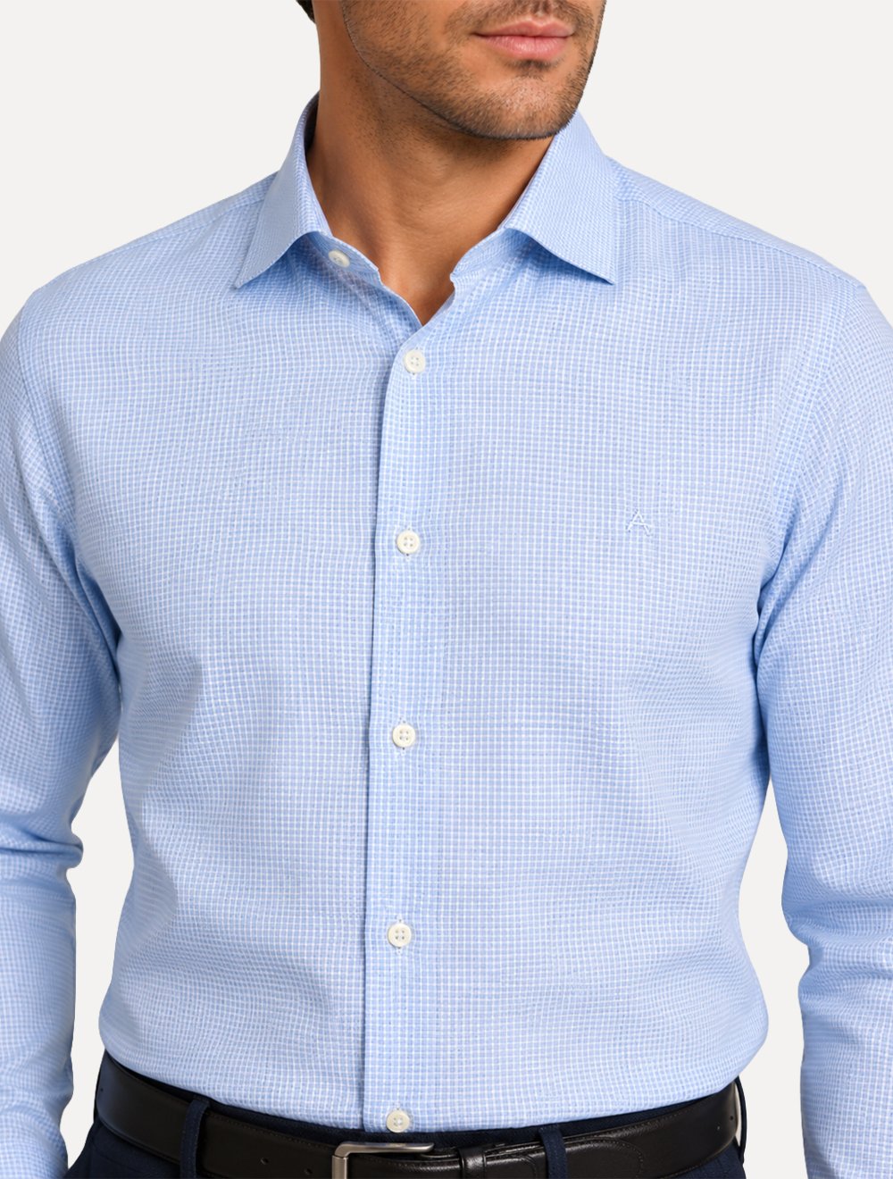 Camisa Aramis Masculina Manga Longa Mini Xadrez Azul Claro/Branco