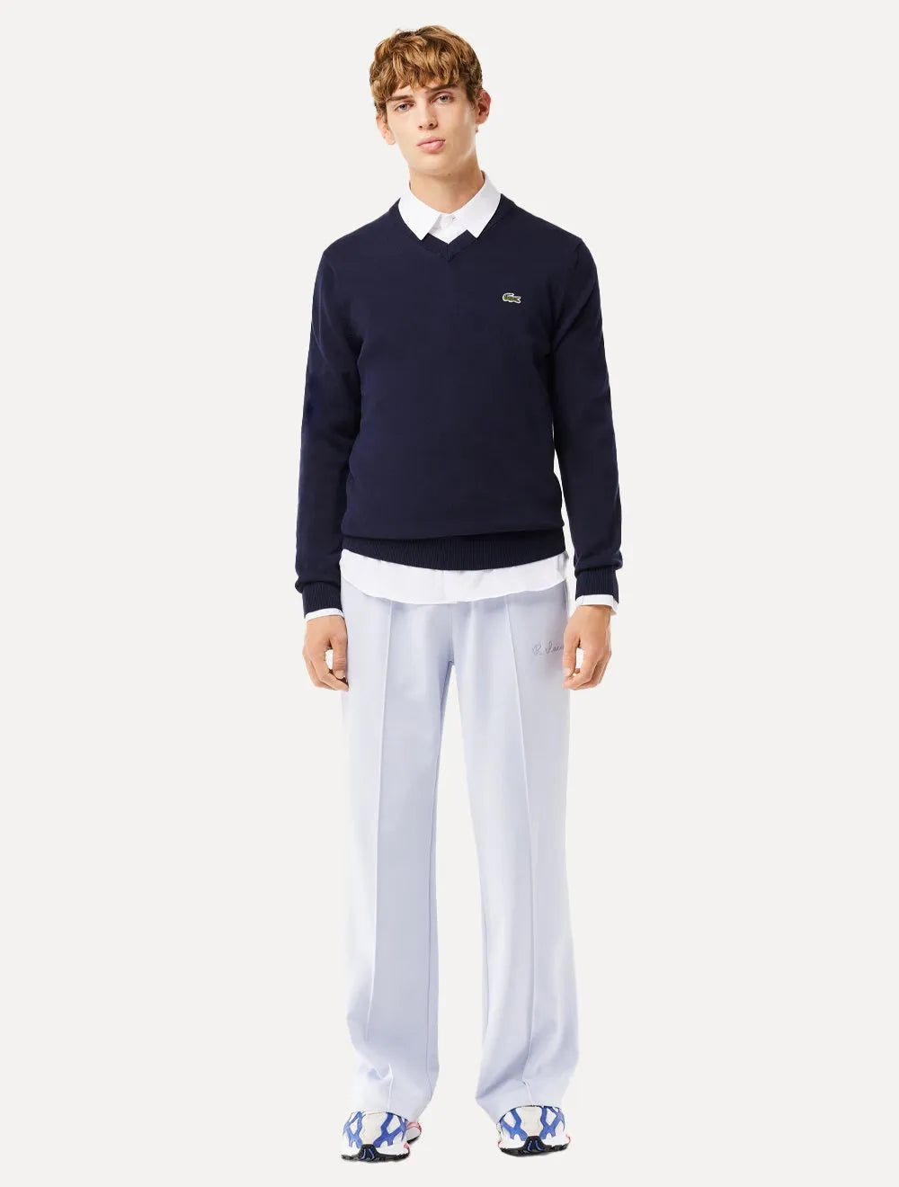 Suéter Lacoste Masculino Regular Fit Gola V Logo Azul Marinho