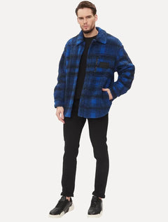 Jaqueta Calvin Klein Jeans Sherpa Overshirt Xadrez Azul Escuro