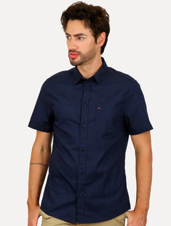 Camisa Tommy Jeans Masculina Manga Curta Solid Poplin Azul Marinho