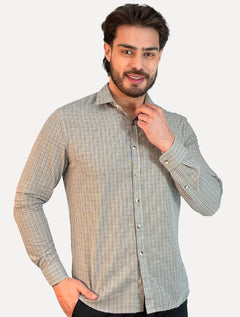 Camisa Dudalina Masculina Comfort Superfine Slim Tricoline Xadrez Mono Logo Cáqui Escuro