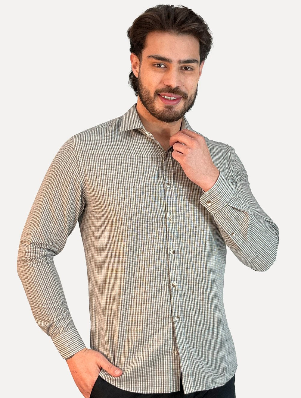 Camisa Dudalina Masculina Comfort Superfine Slim Tricoline Xadrez Mono Logo Cáqui Escuro