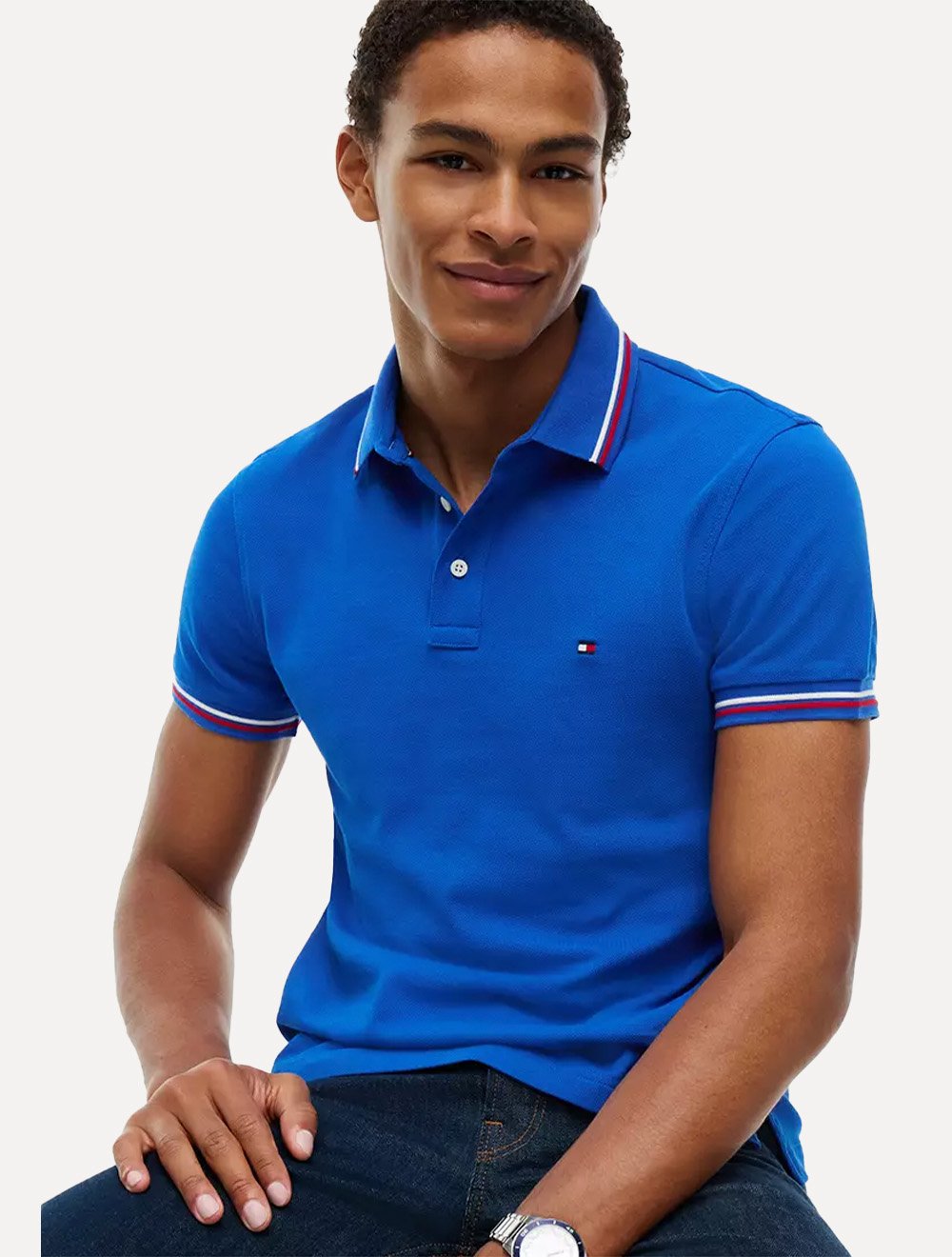 Camisa Polo Tommy Hilfiger Masculina Slim Malha Liquid Cotton Tipped Ancient Azul