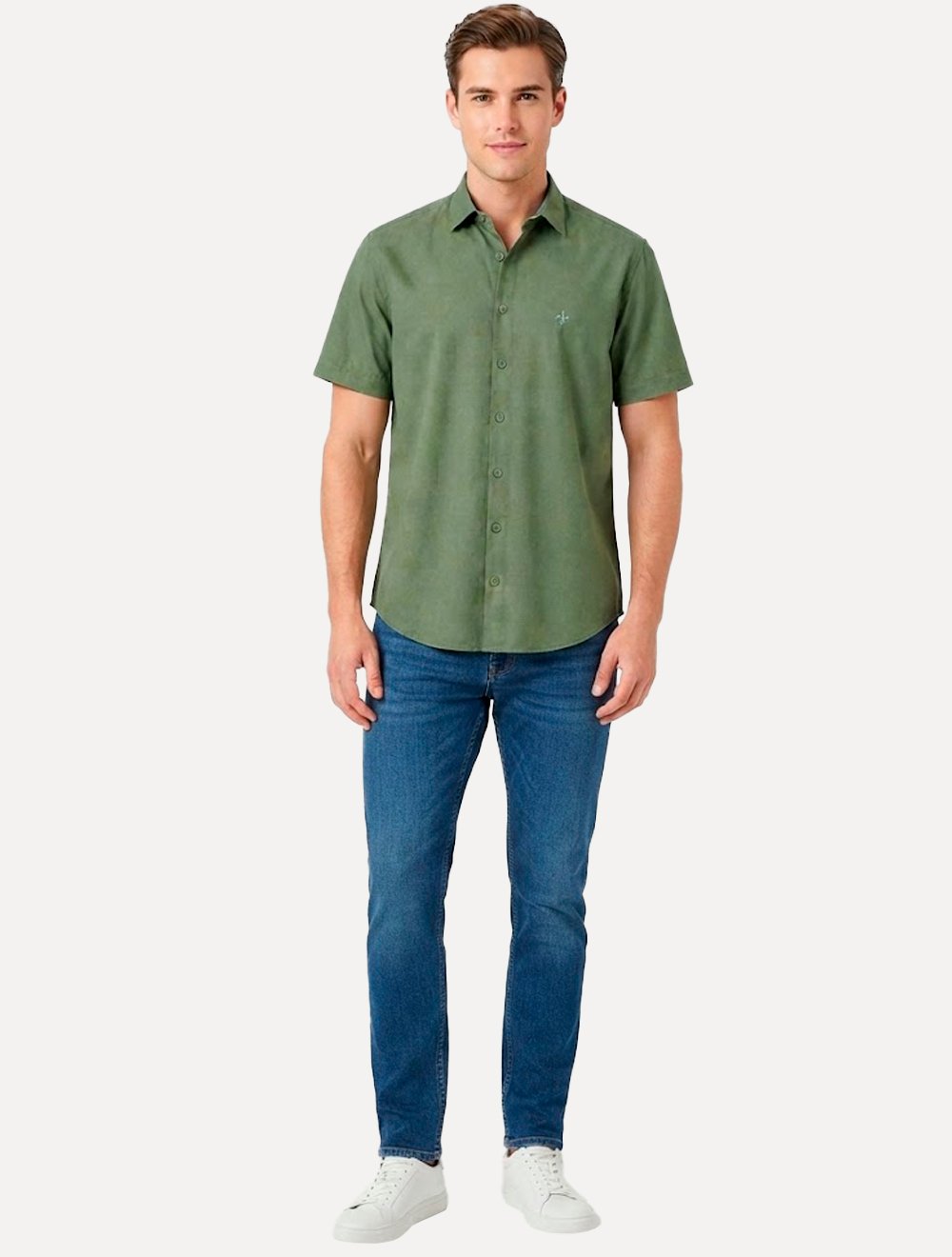 Camisa Dudalina Masculina Manga Curta Comfort Superfine Cotton Mono Logo Lisa Verde Claro