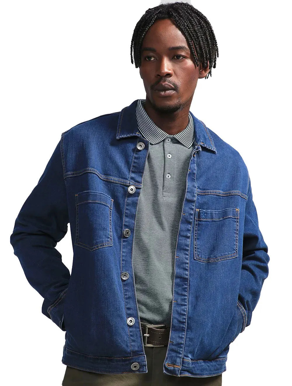 Jaqueta Dudalina Jeans Masculina Trucker Color Azul Médio
