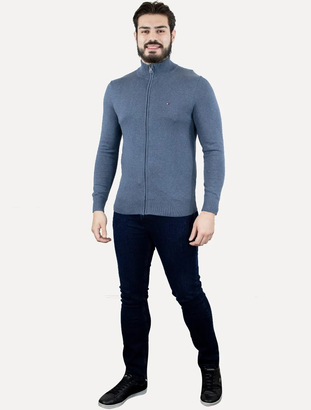 Suéter Tommy Hilfiger Masculino Essential Cotton Zip Through Azul Mescla