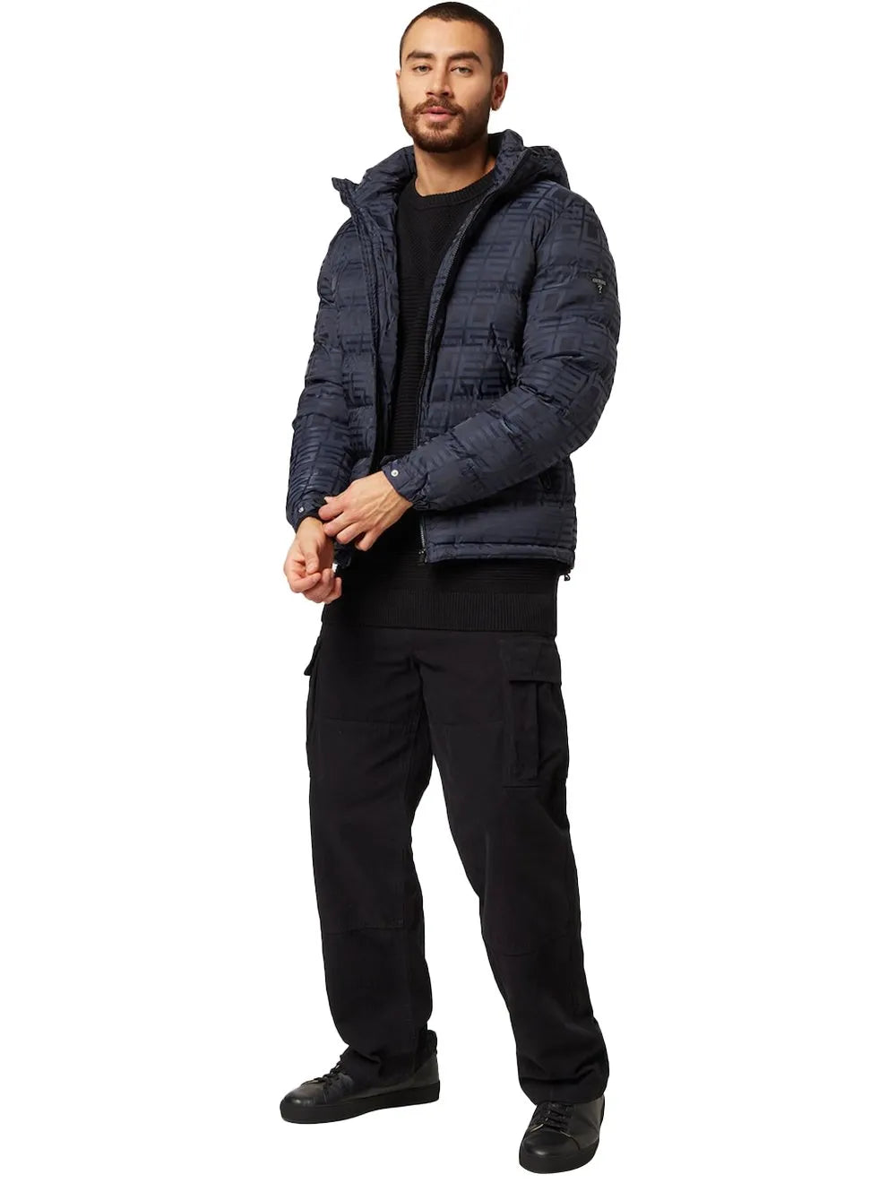 Jaqueta Guess Masculina Hoodie Allover Logo Puffer Azul Marinho