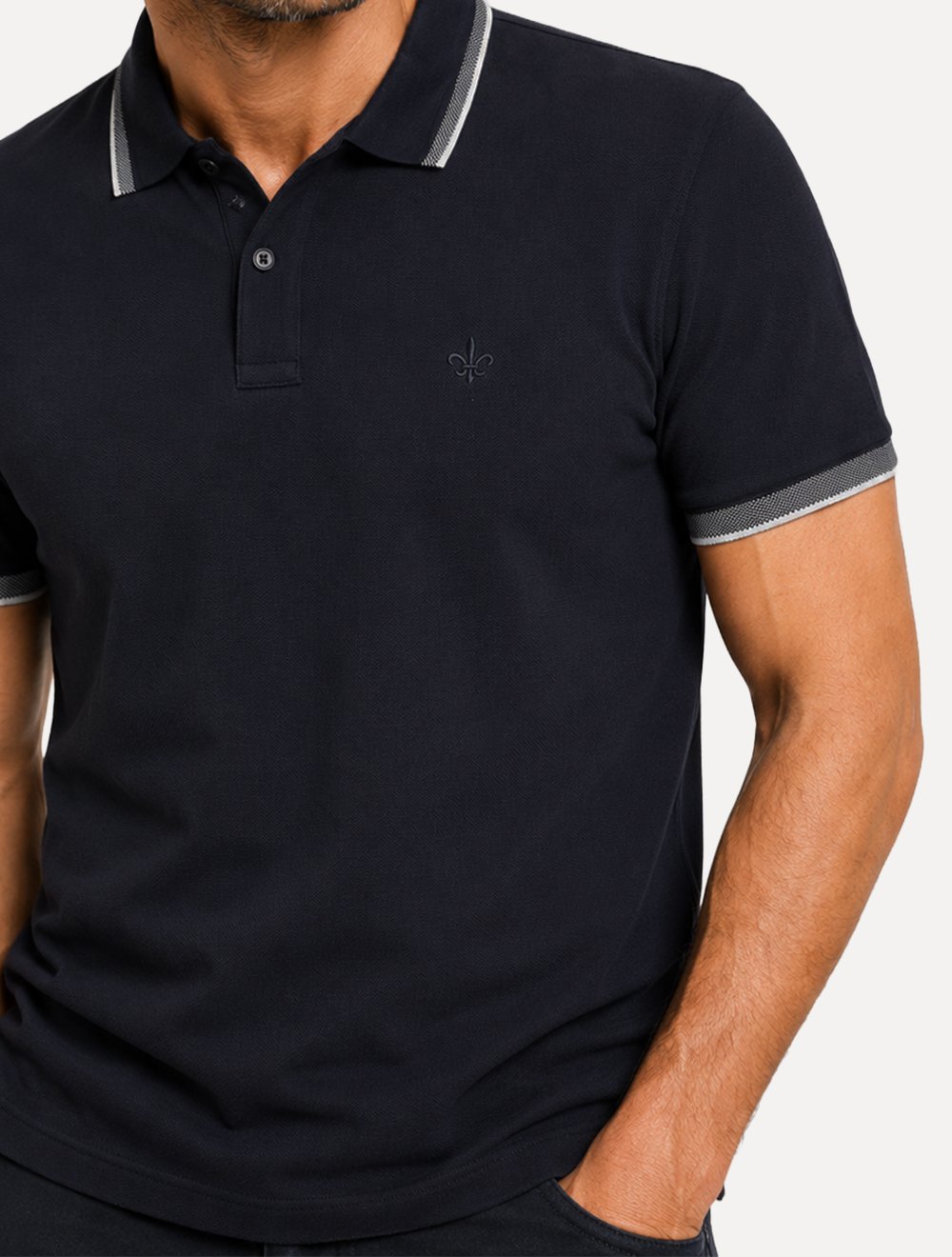 Polo Dudalina Masculina Malha Gola Friso Binada Azul Marinho