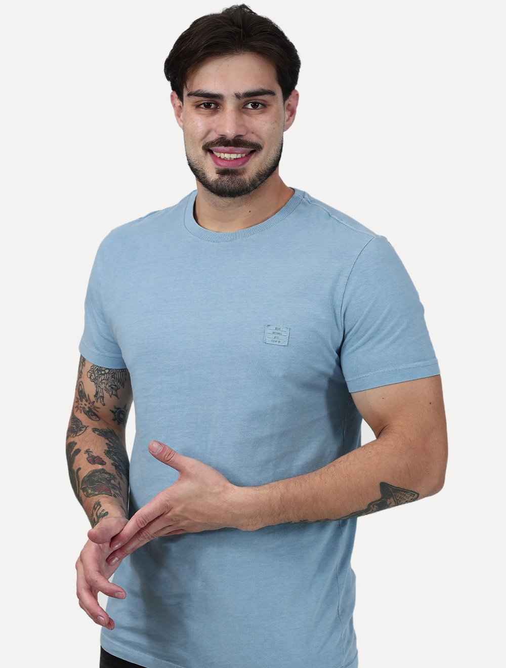 Camiseta Ellus Masculina Cotton Washed Origin. Classic Azul Claro