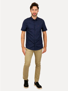 Camisa Tommy Jeans Masculina Manga Curta Solid Poplin Azul Marinho