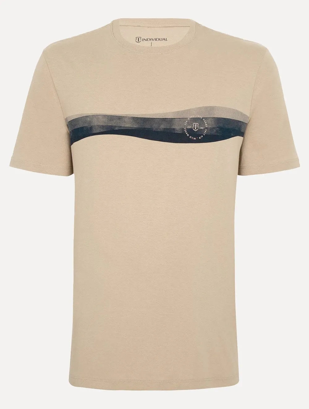 Camiseta Individual Masculina Comfort Estampada Waves Cáqui Medio