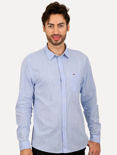 Camisa Tommy Jeans Masculina Regular Linen Blend Pocket Azul Mescla