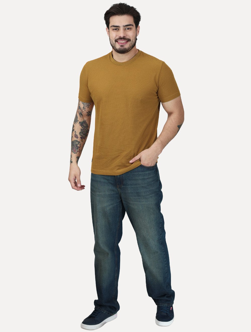 Camiseta King & Joe Masculina Mini Quadrille Slim Mostarda Ocre