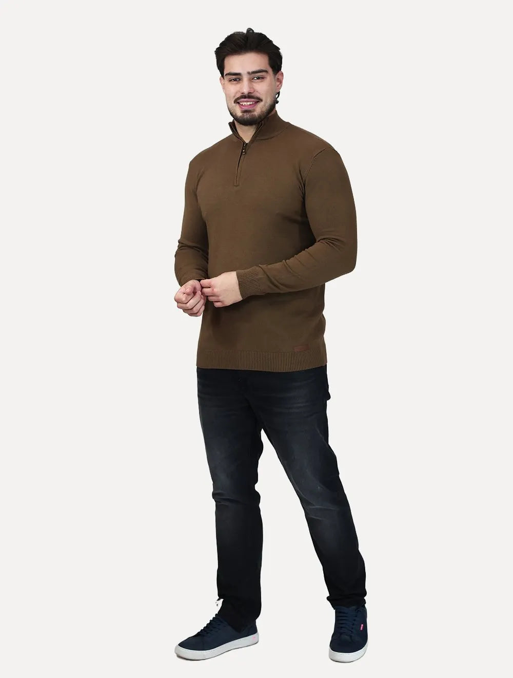 Suéter Dixen Masculina Tricot Manga Longa com Ziper Frontal Marrom