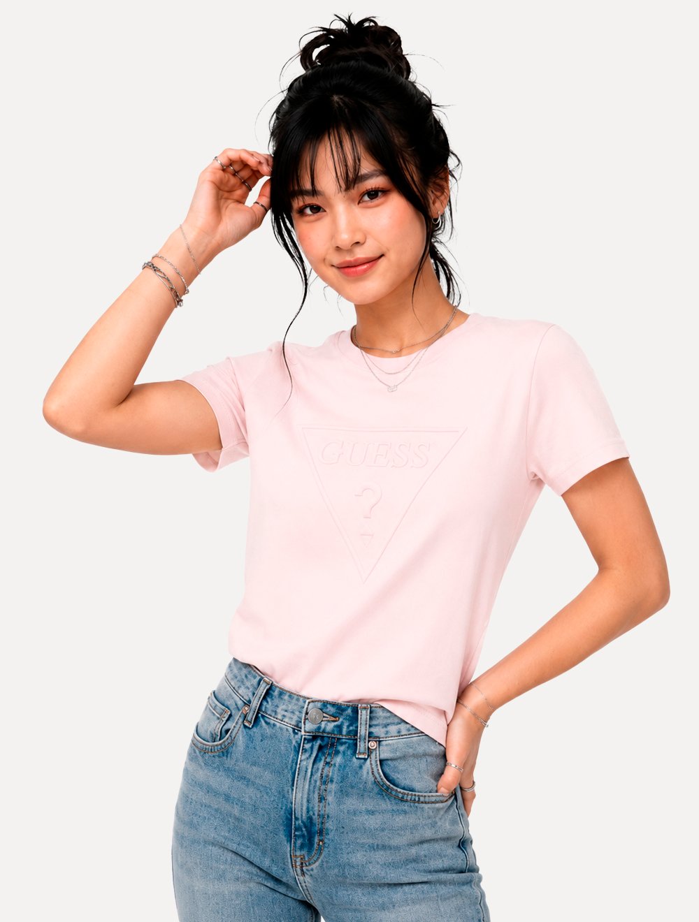 Camiseta Guess Feminina Bust Embroidery Logo Rosa Claro