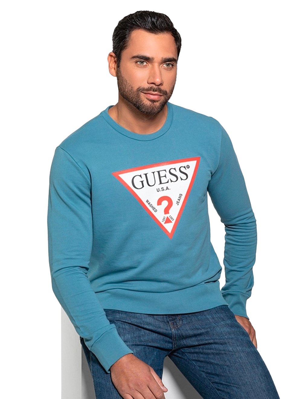 Moletom Guess Masculino Crewneck Triangle Logo Azul Médio