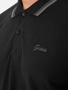 Polo Guess Masculina Piquet Friso Bordado Cursivo Preta