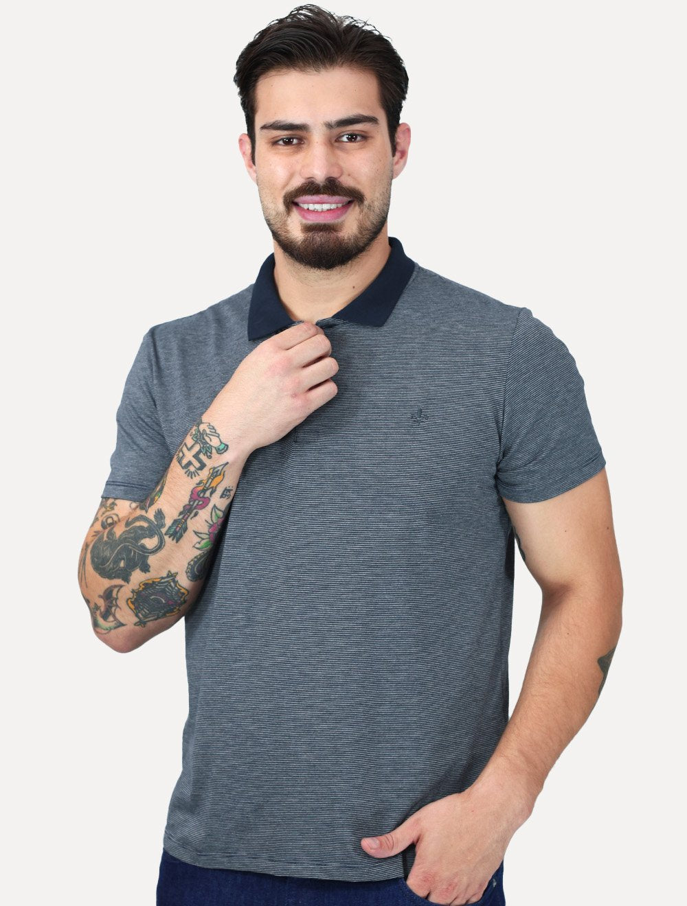 Polo Dudalina Masculina Essential Regular Listrada Azul Marinho