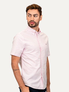 Camisa Tommy Hilfiger Masculina Manga Curta Regular Oxford Stripes Rosa Mescla
