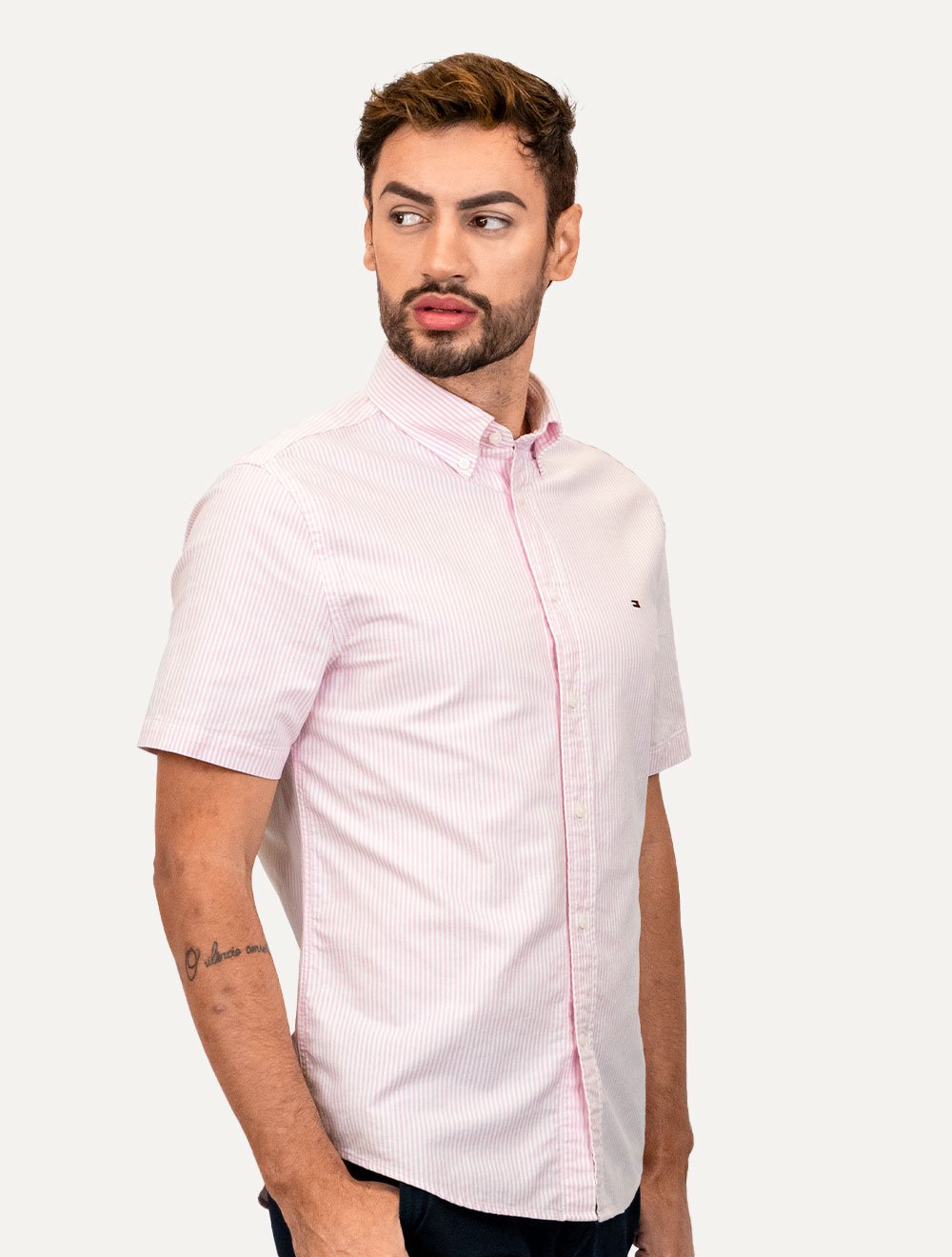 Camisa Tommy Hilfiger Masculina Manga Curta Regular Oxford Stripes Rosa Mescla