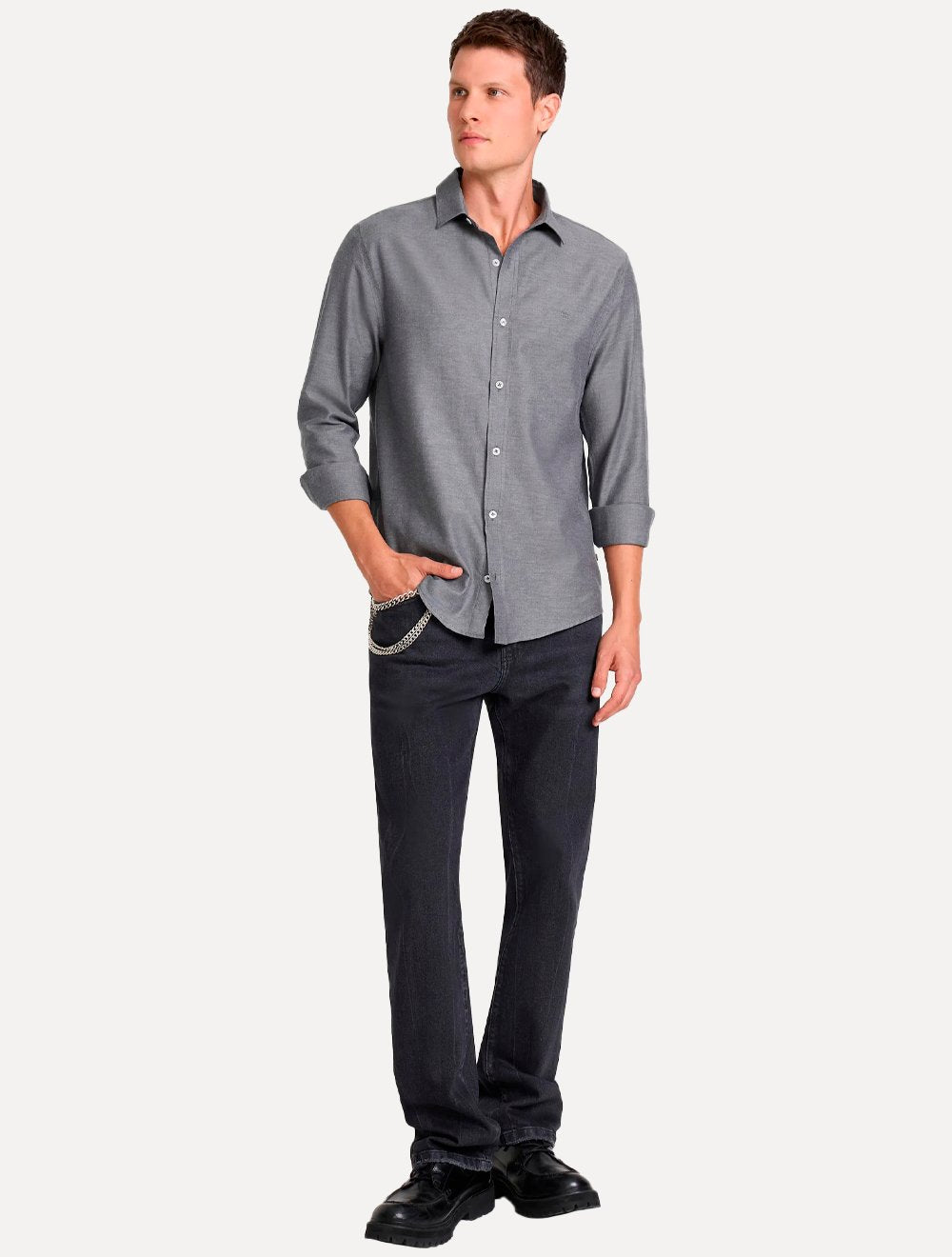 Camisa John John Masculina Regular Oxford Mono Logo Cinza Médio