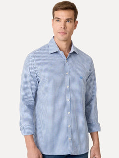 Camisa Dudalina Masculina Comfort Superfine Regular Xadrez Mono Logo Azul Médio