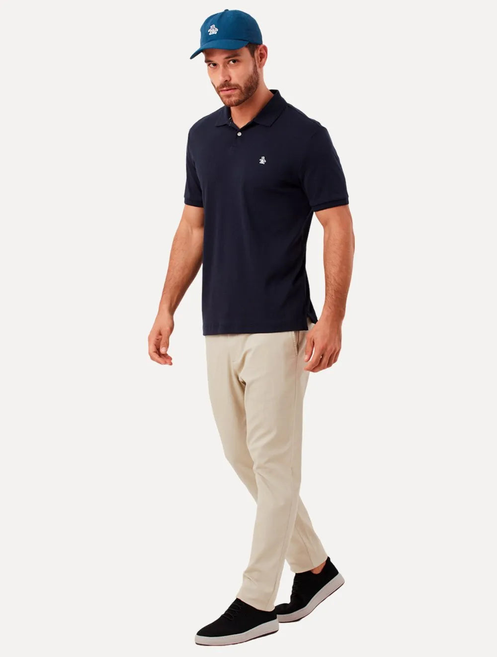 Polo Original Penguin Masculina Piquet Lisa Patch Azul Marinho