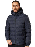 Jaqueta Guess Masculina Hoodie Allover Logo Puffer Azul Marinho