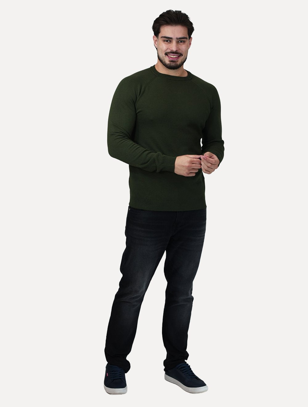 Suéter Dixen Masculina Tricot Manga Longa Raglan Gola Careca Verde