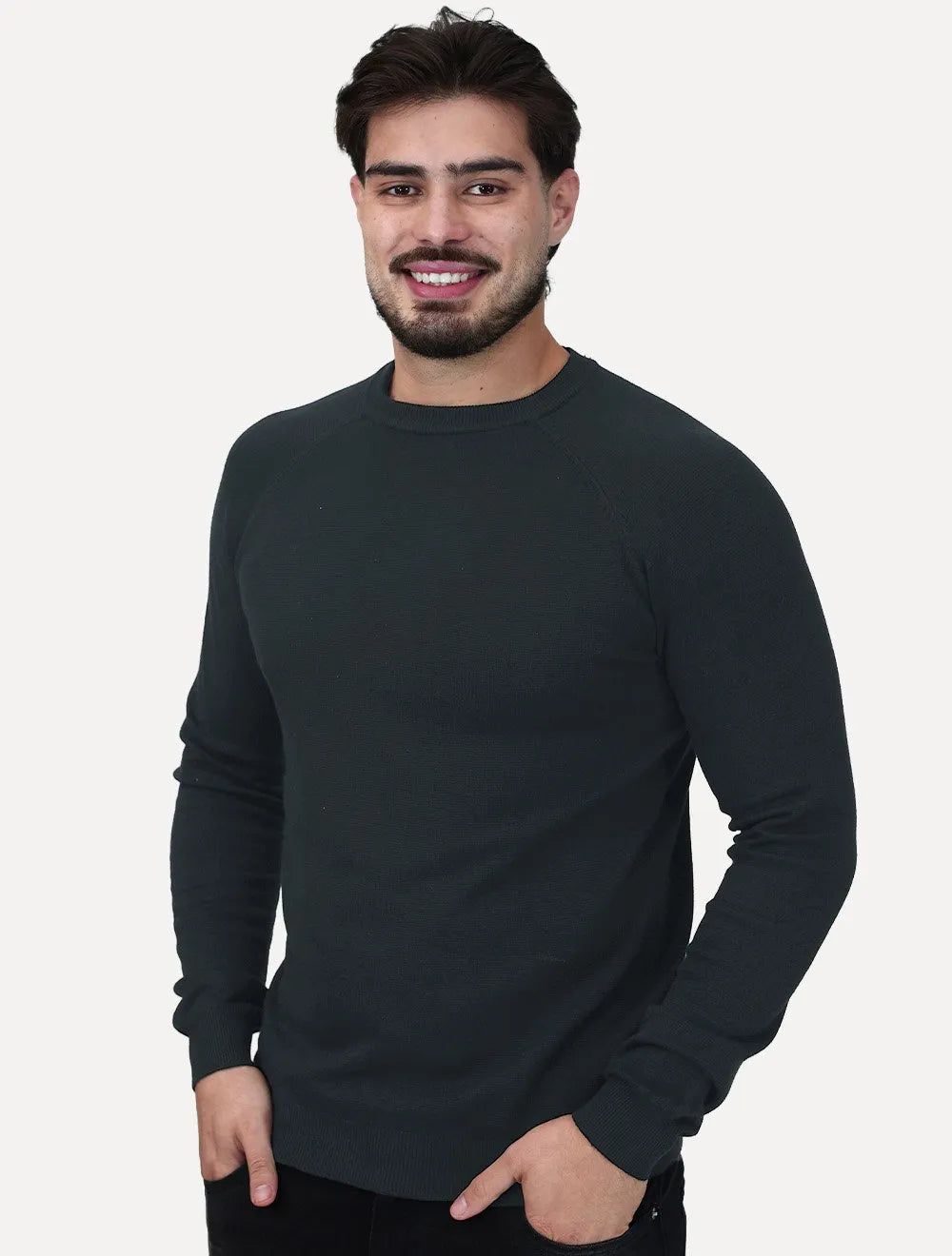 Suéter Dixen Masculina Tricot Manga Longa Raglan Gola Careca Azul Marinho