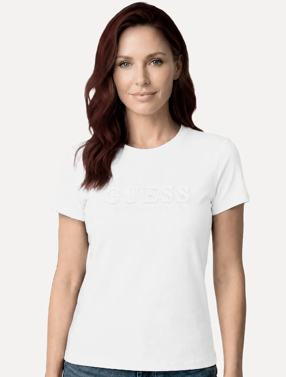 Camiseta Guess Feminina Bold Cursive Embossed Logo Branca