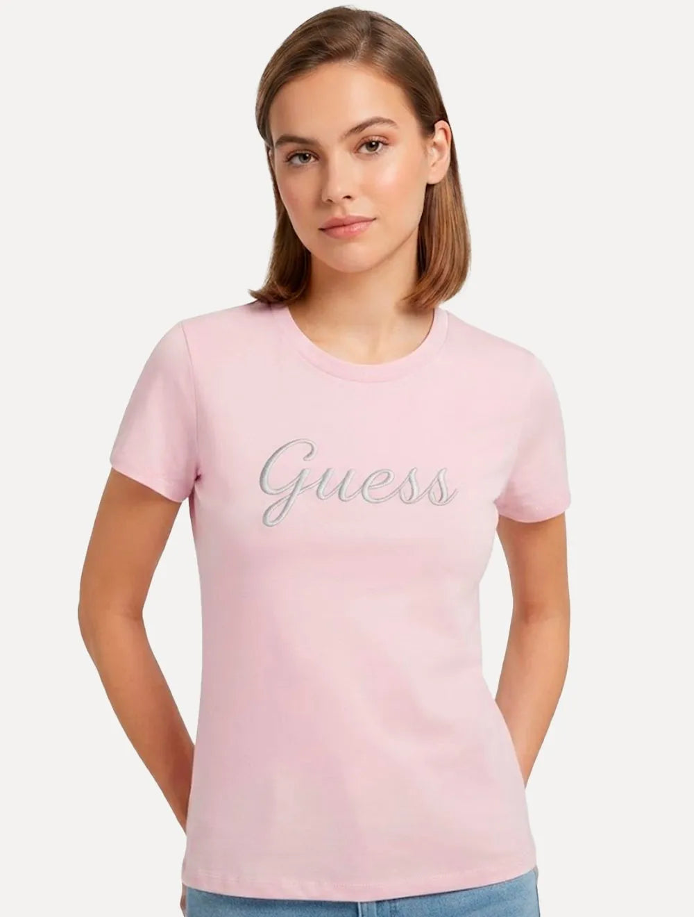 Camiseta Guess Feminina Signature Embroidery Logo Rosa Claro