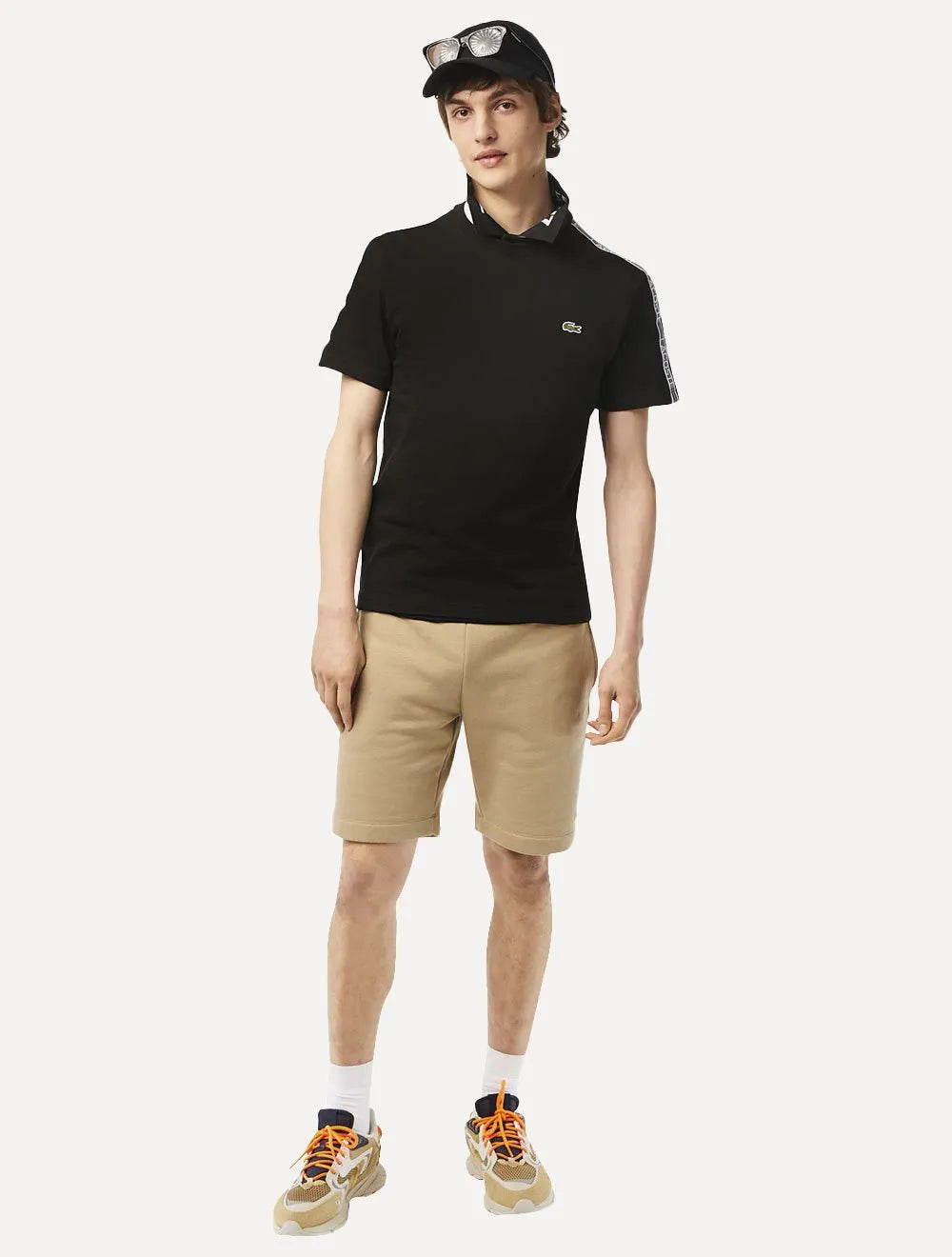 Camiseta Lacoste Masculina Regular Fit Listrada Logo Preta