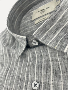 Camisa Dudalina Masculina Slim Slub Cotton Listrada Cinza Médio Mescla