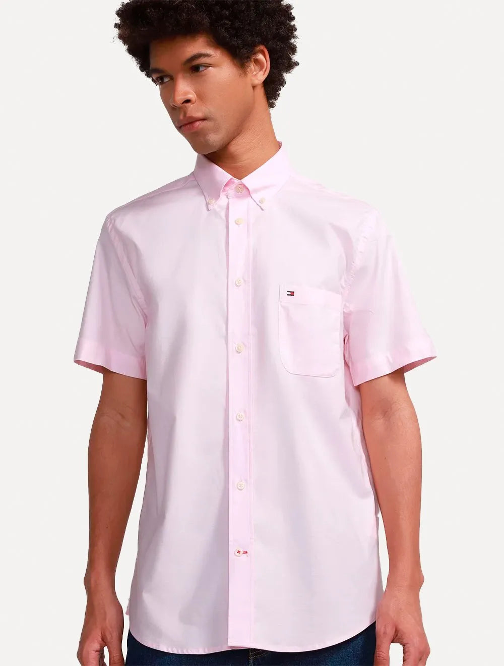 Camisa Tommy Hilfiger Masculina Manga Curta Regular Pocket Poplin Rosa Claro