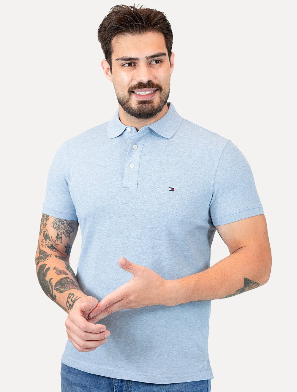 Polo Tommy Hilfiger Masculina Slim Piquet 1985 Azul Claro Mescla