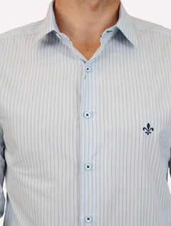 Camisa Dudalina Masculina Milano Fit Easy Icon Listras Azul Claro