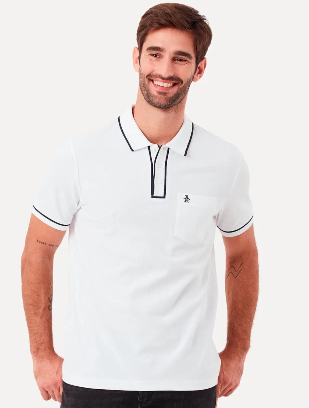 Polo Original Penguin Masculina Piquet Lisa Friso Original Branca