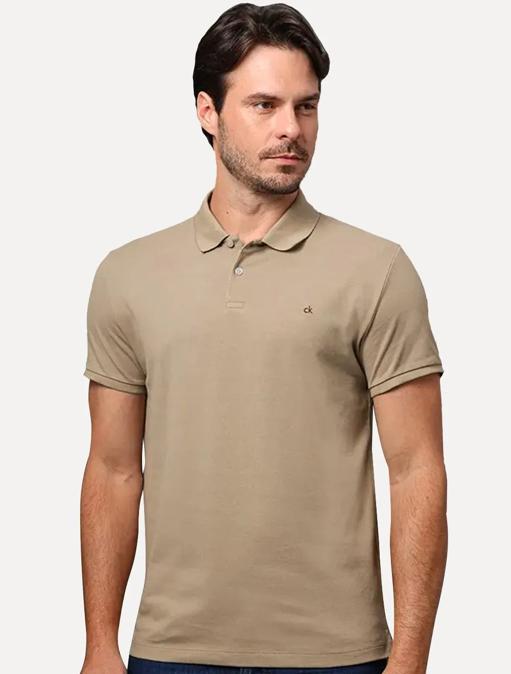 Polo Calvin Klein Masculina Piquet Slim Fit Sem Friso Cáqui Médio