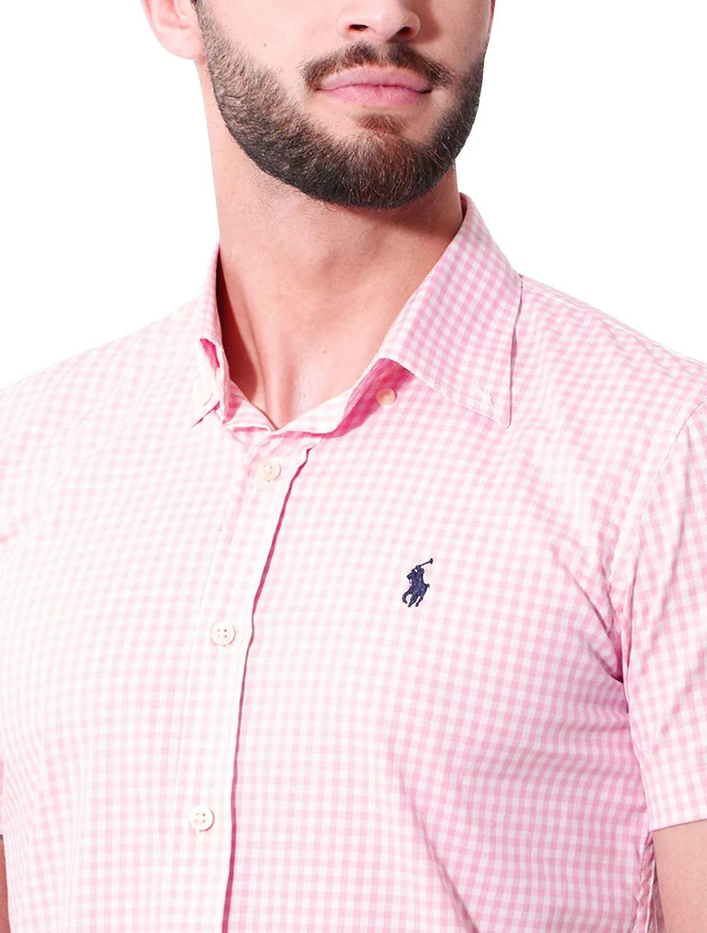 Camisa Ralph Lauren Masculina Manga Curta Slim Fit Stretch Poplin Rosa